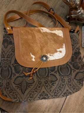 Brown Patterned Crossbody Bag with Cowhide Flap